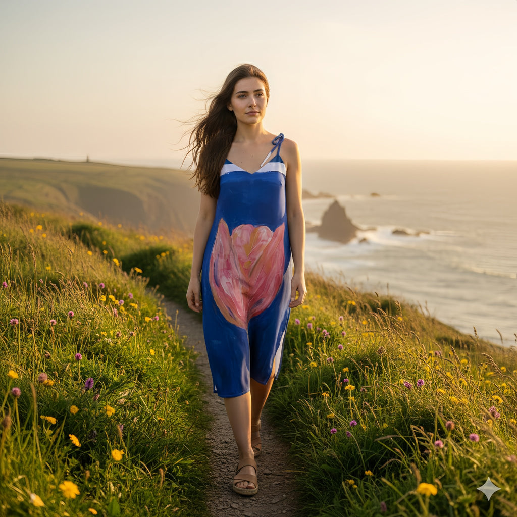 Sapphire Bloom | Tie - Strap Midi Dress - M.P.Art