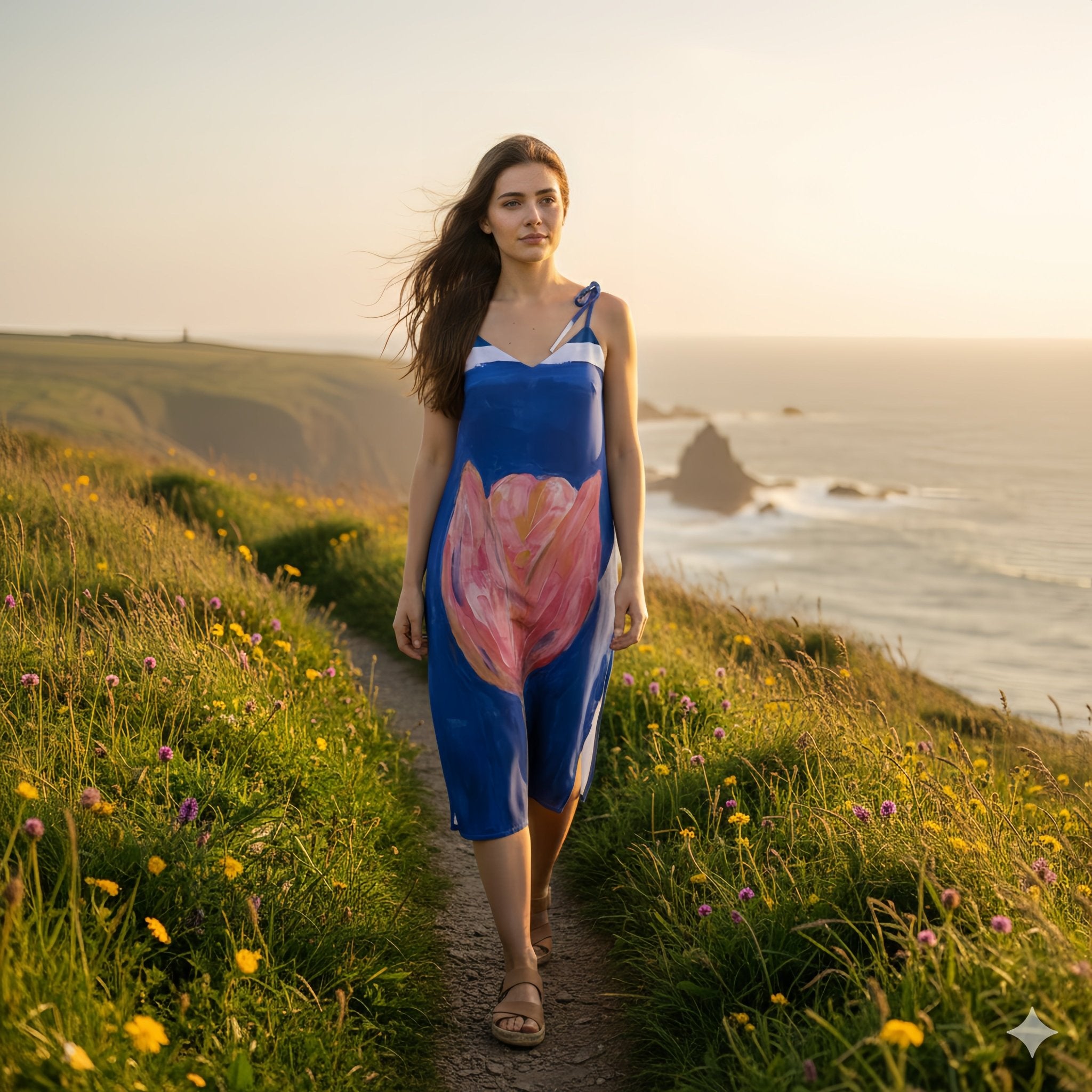 Sapphire Bloom | Tie - Strap Midi Dress - M.P.Art