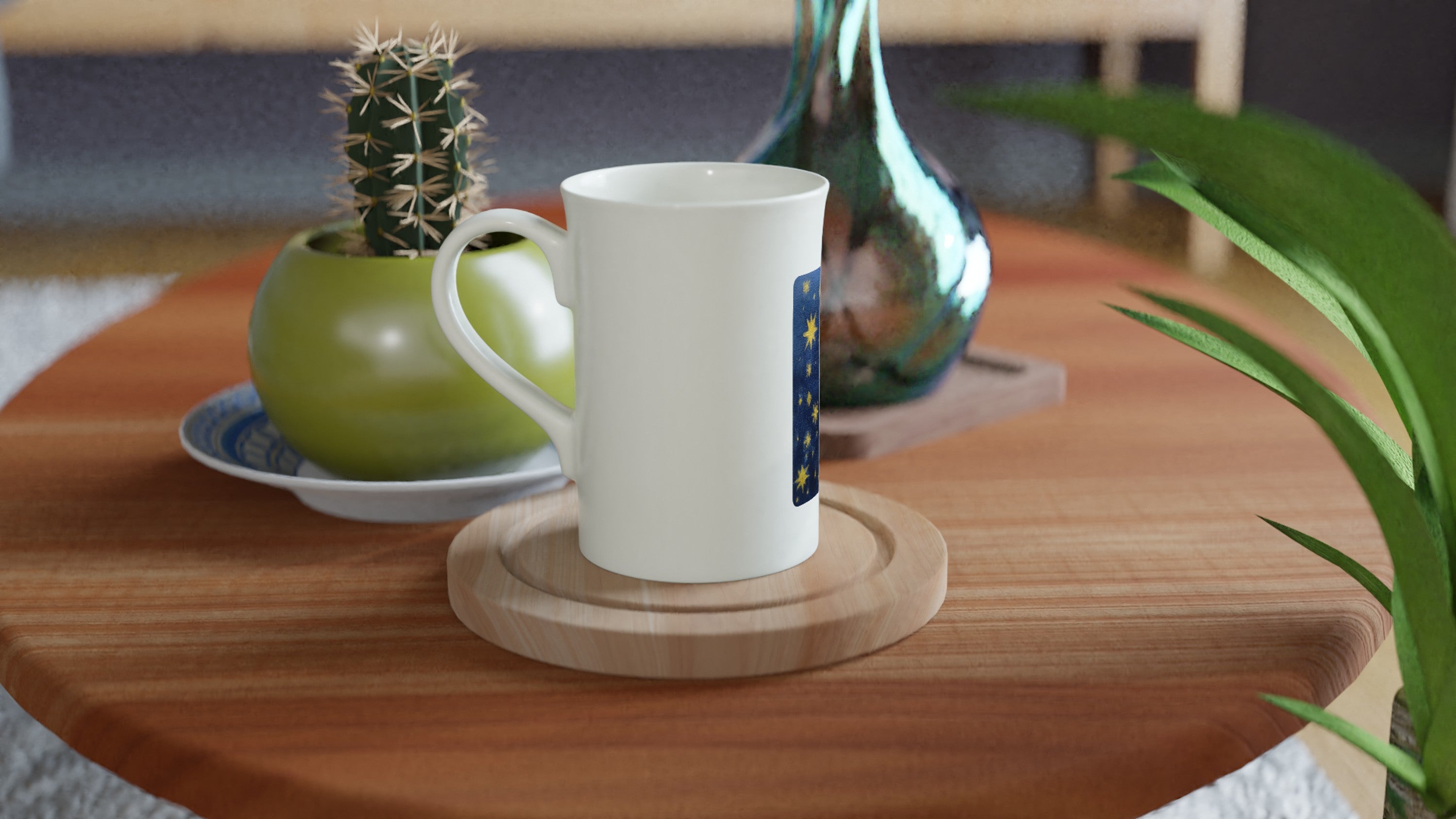 White 10oz porcelain slim mug with printed handpainted artwork - lifestyle scene
