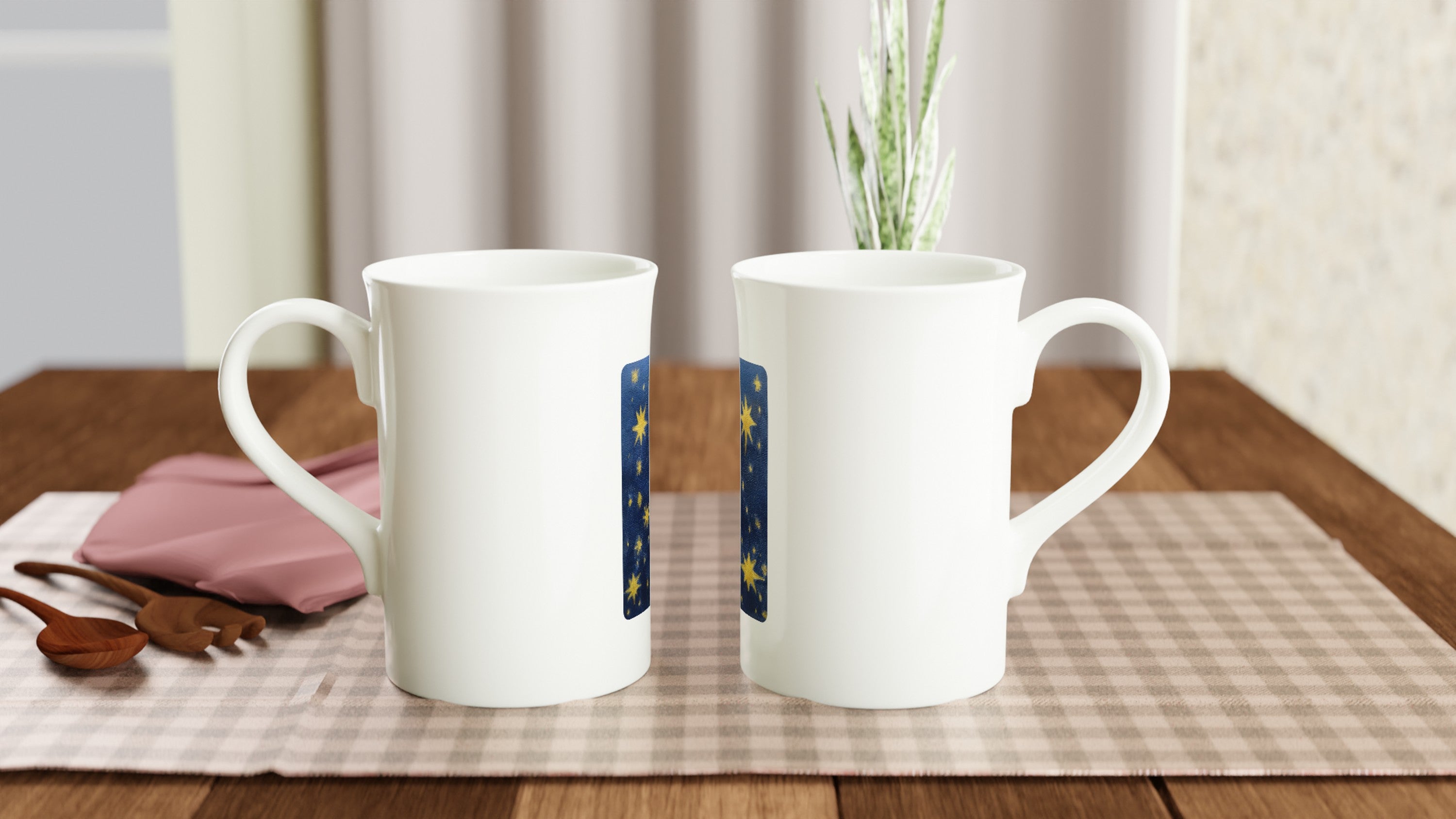 White 10oz porcelain slim mug with printed handpainted artwork - in use scene
