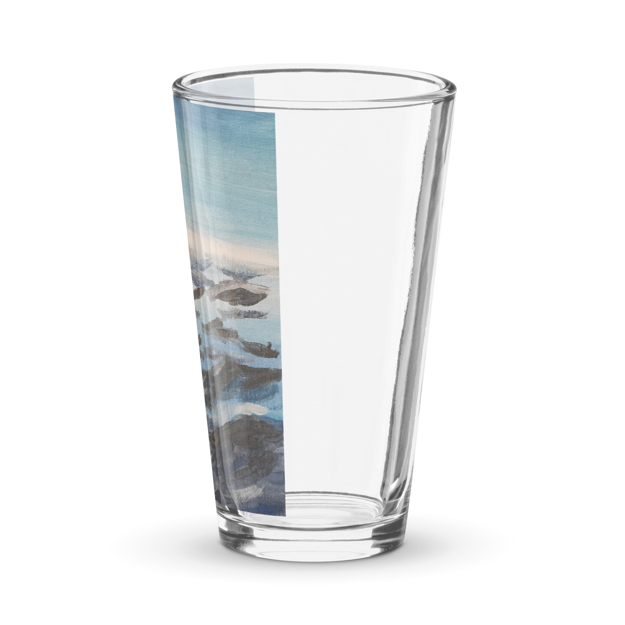 Shaker pint glass 16 oz with printed handpainted artwork left side view
