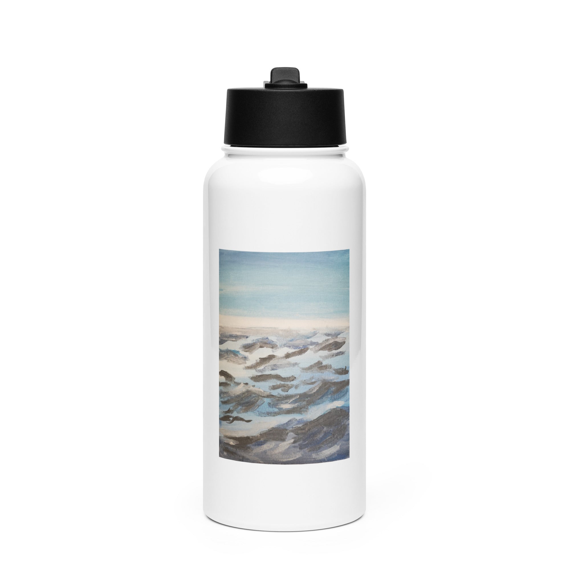 White stainless steel water bottle 32 oz with straw lid and printed handpainted artwork front view

