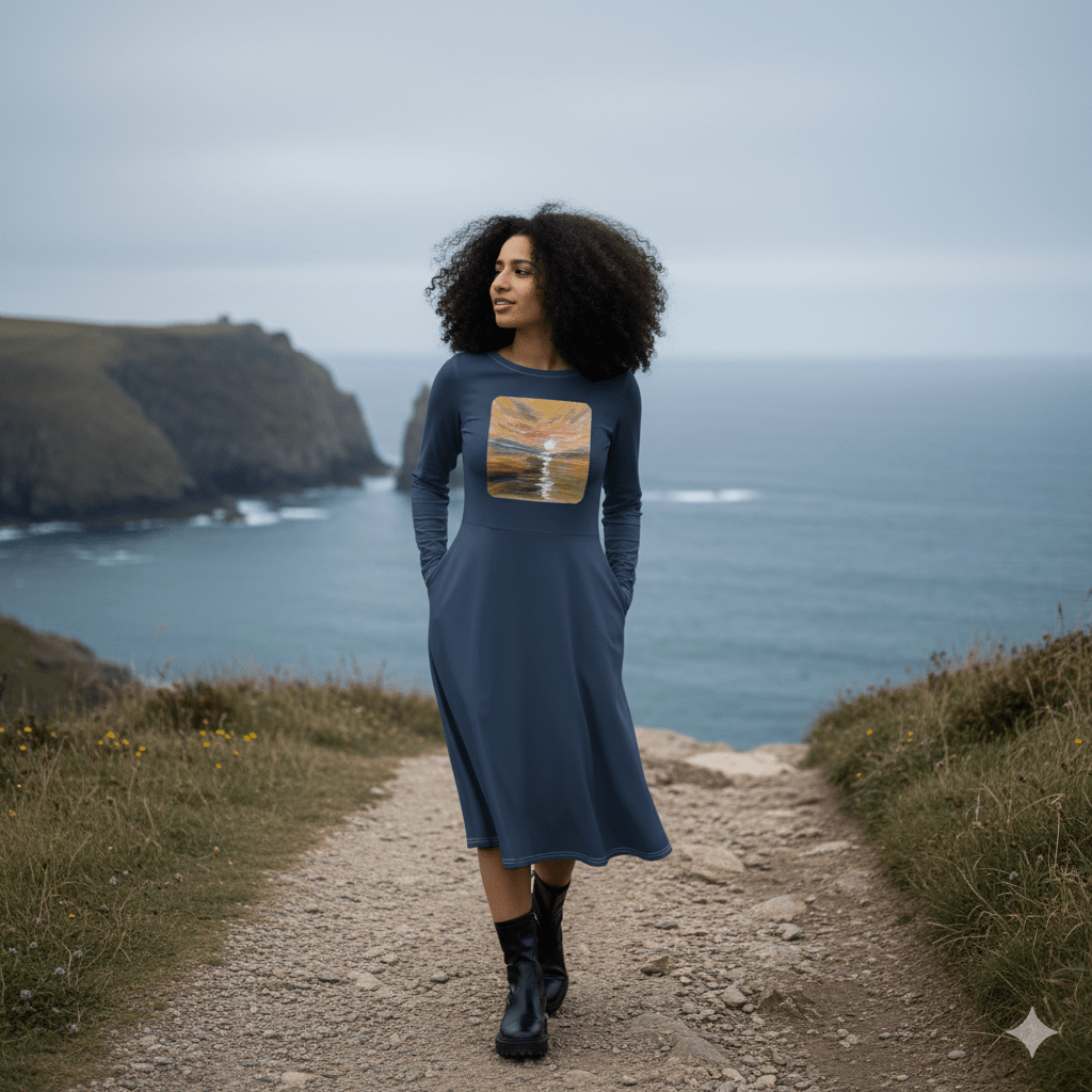 Turner - Inspired Sunset Long Sleeve Midi Dress | Printed Handpainted Art - M.P.Art