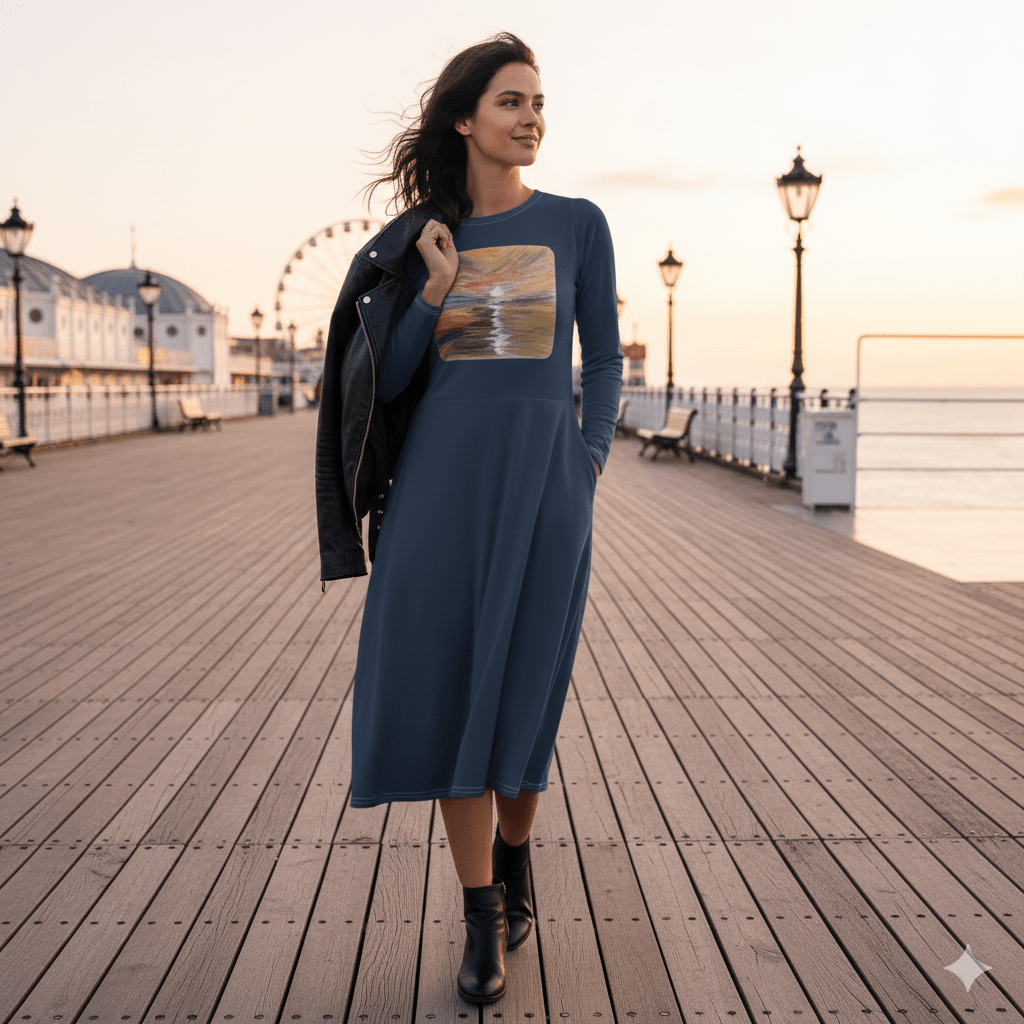 Turner - Inspired Sunset Long Sleeve Midi Dress | Printed Handpainted Art - M.P.Art