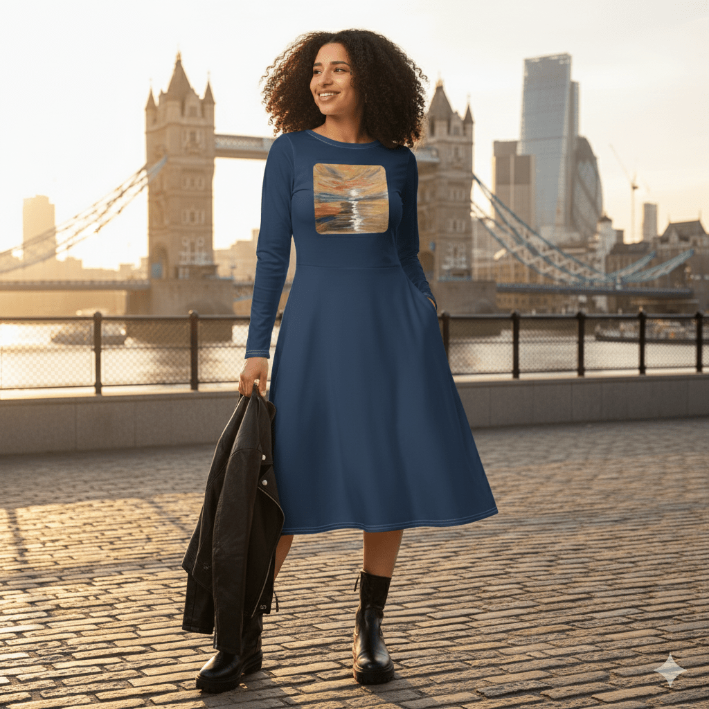 Turner - Inspired Sunset Long Sleeve Midi Dress | Printed Handpainted Art - M.P.Art