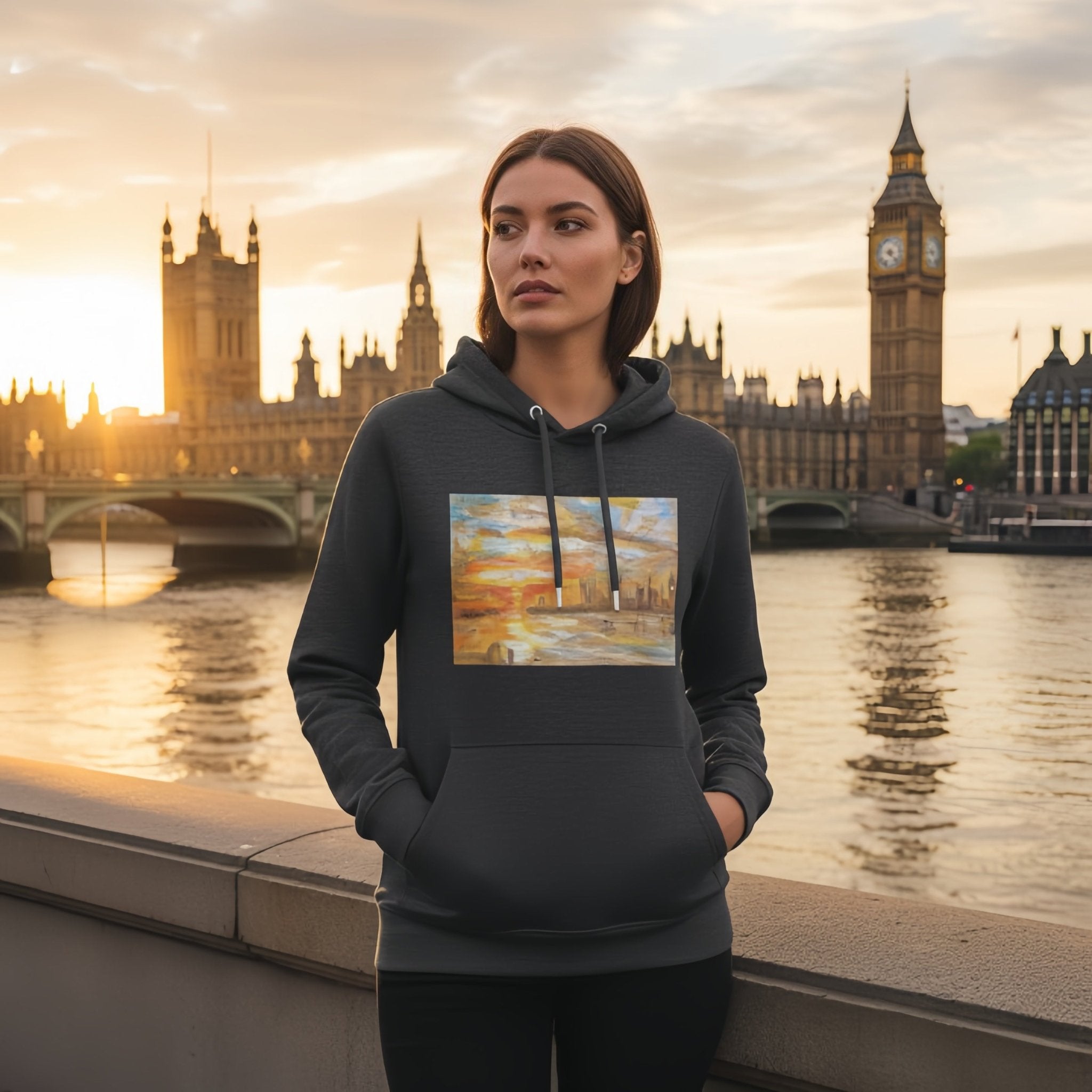 Turner Inspired Westminster Sunset Eco Raglan Hoodie | Unisex with Printed Handpainted Art - M.P.Art