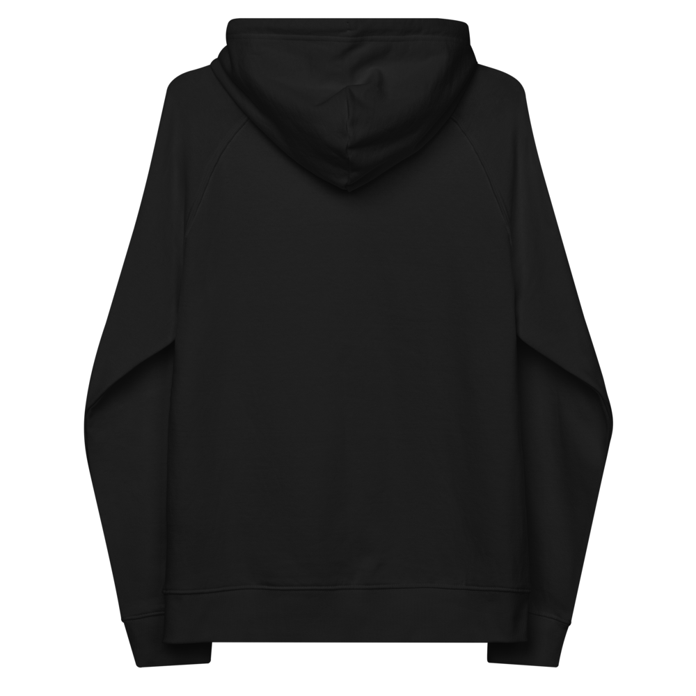 Unisex eco raglan hoodie black with printed handpainted artwork back view

