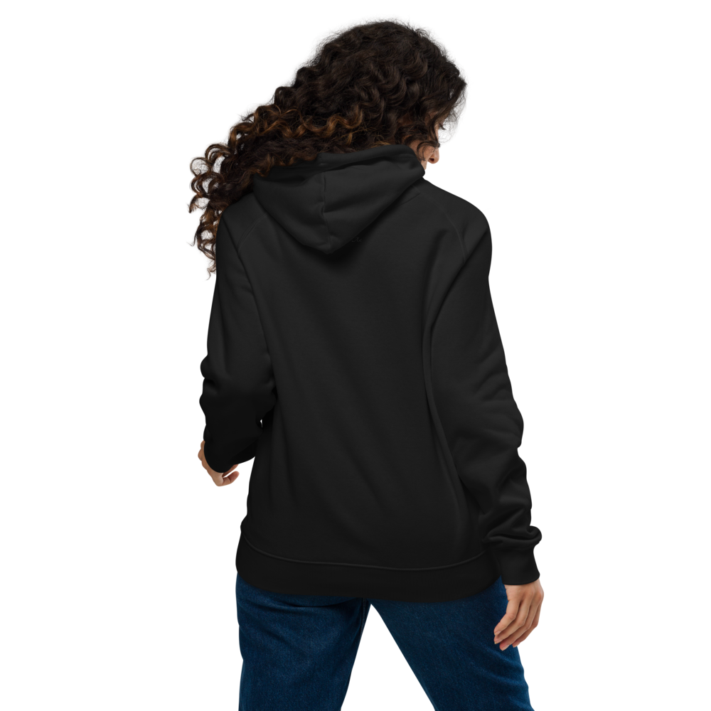 Unisex eco raglan hoodie black with printed handpainted artwork back view
