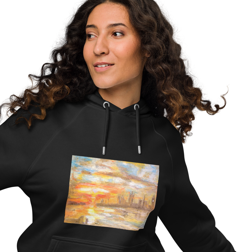 Unisex eco raglan hoodie black with printed handpainted artwork front view
