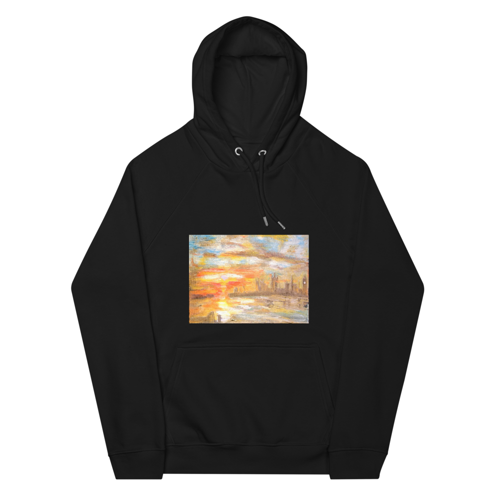 Unisex eco raglan hoodie black with printed handpainted artwork front view
