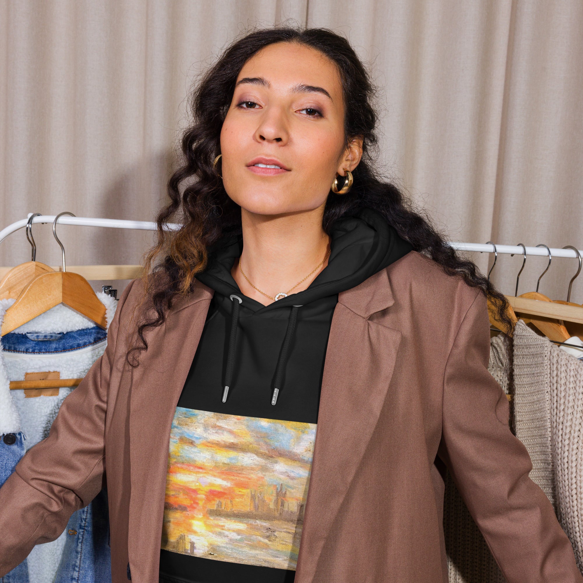 Unisex eco raglan hoodie black with printed handpainted artwork front view
