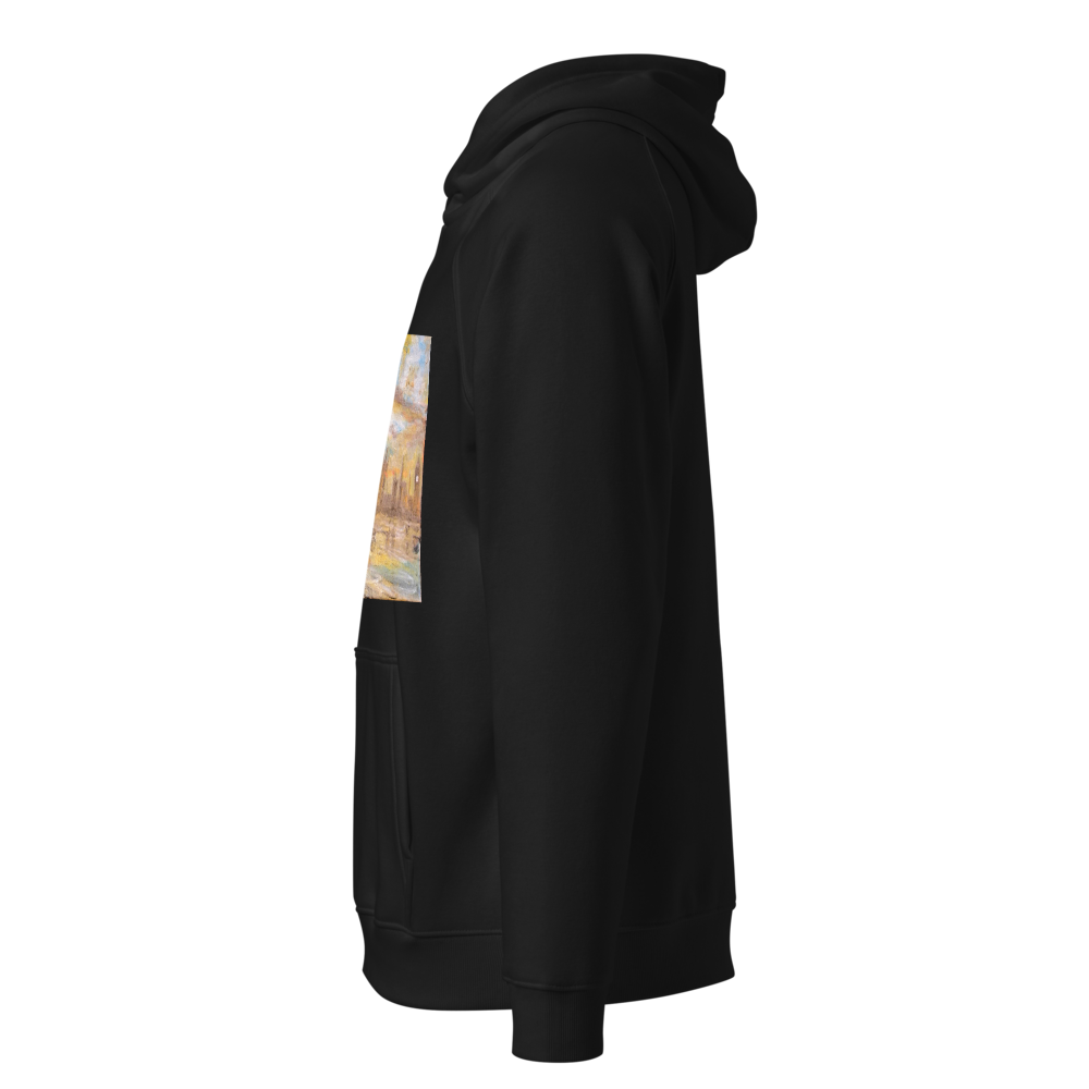 Unisex eco raglan hoodie black with printed handpainted artwork left side view
