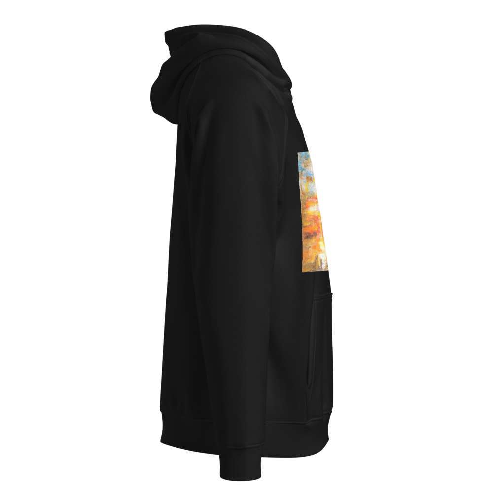 Unisex eco raglan hoodie black with printed handpainted artwork right side view
