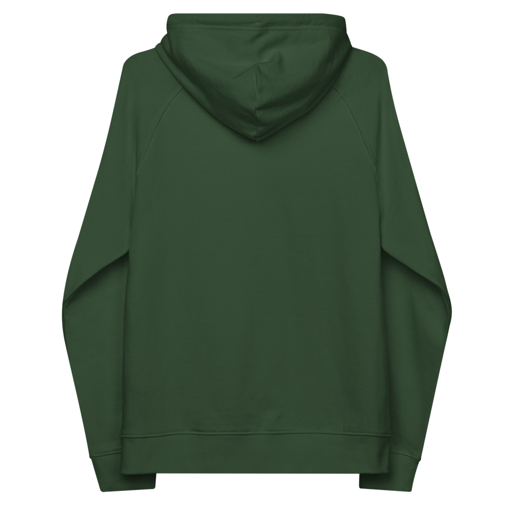 Unisex eco raglan hoodie bottle green with printed handpainted artwork back view

