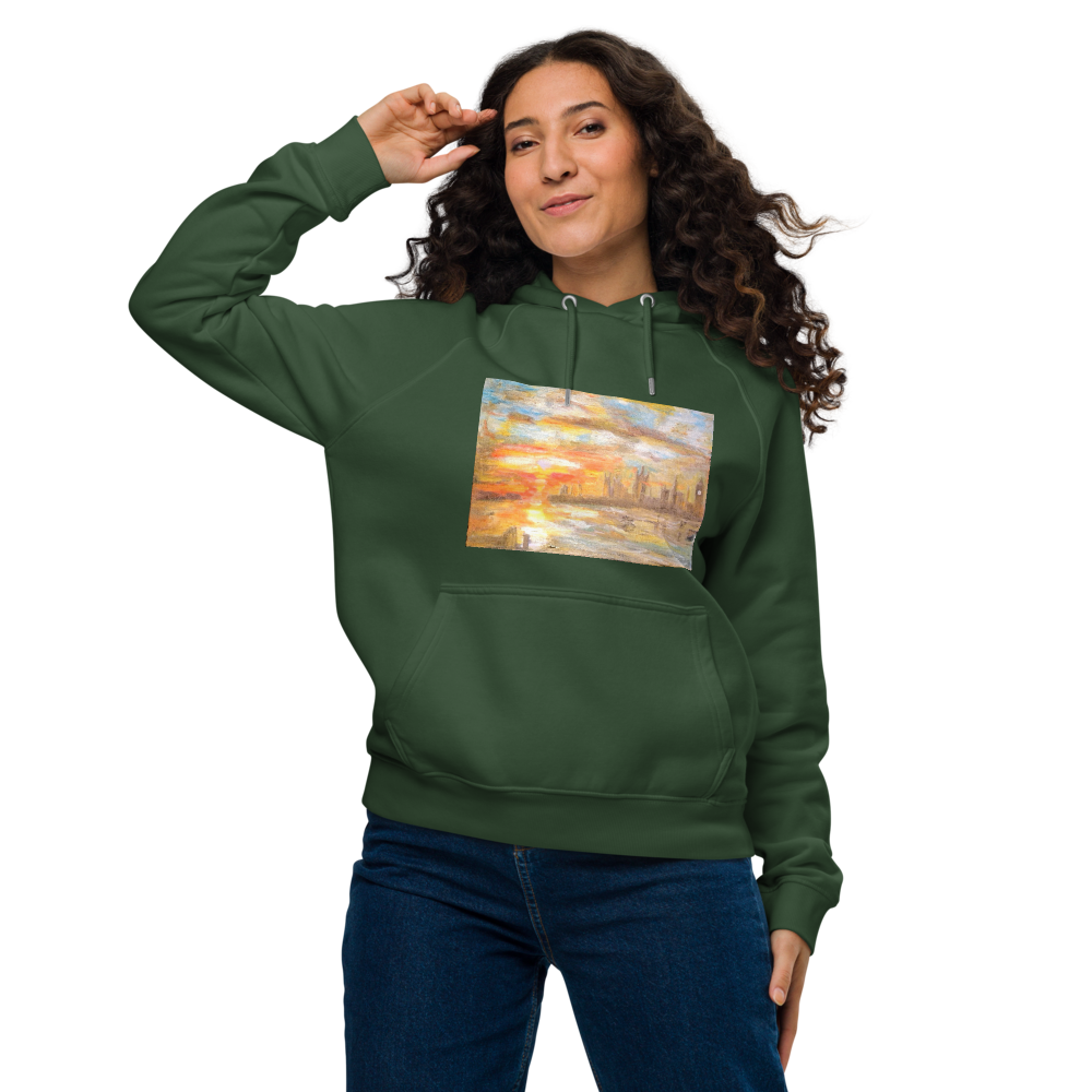 Unisex eco raglan hoodie bottle green with printed handpainted artwork front view
