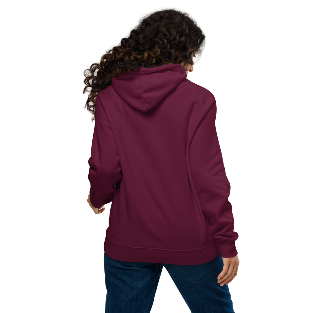 Unisex eco raglan hoodie burgundy with printed handpainted artwork back view
