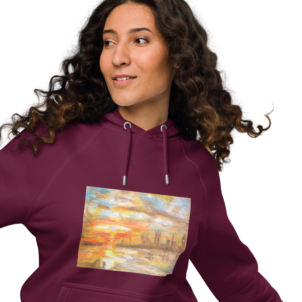 Unisex eco raglan hoodie burgundy with printed handpainted artwork front view
