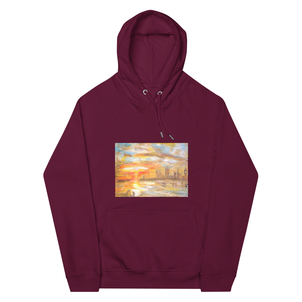 Unisex eco raglan hoodie burgundy with printed handpainted artwork front view
