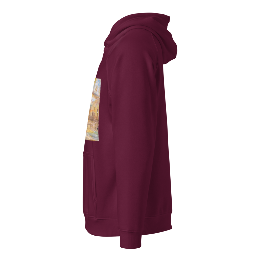 Unisex eco raglan hoodie burgundy with printed handpainted artwork left side view
