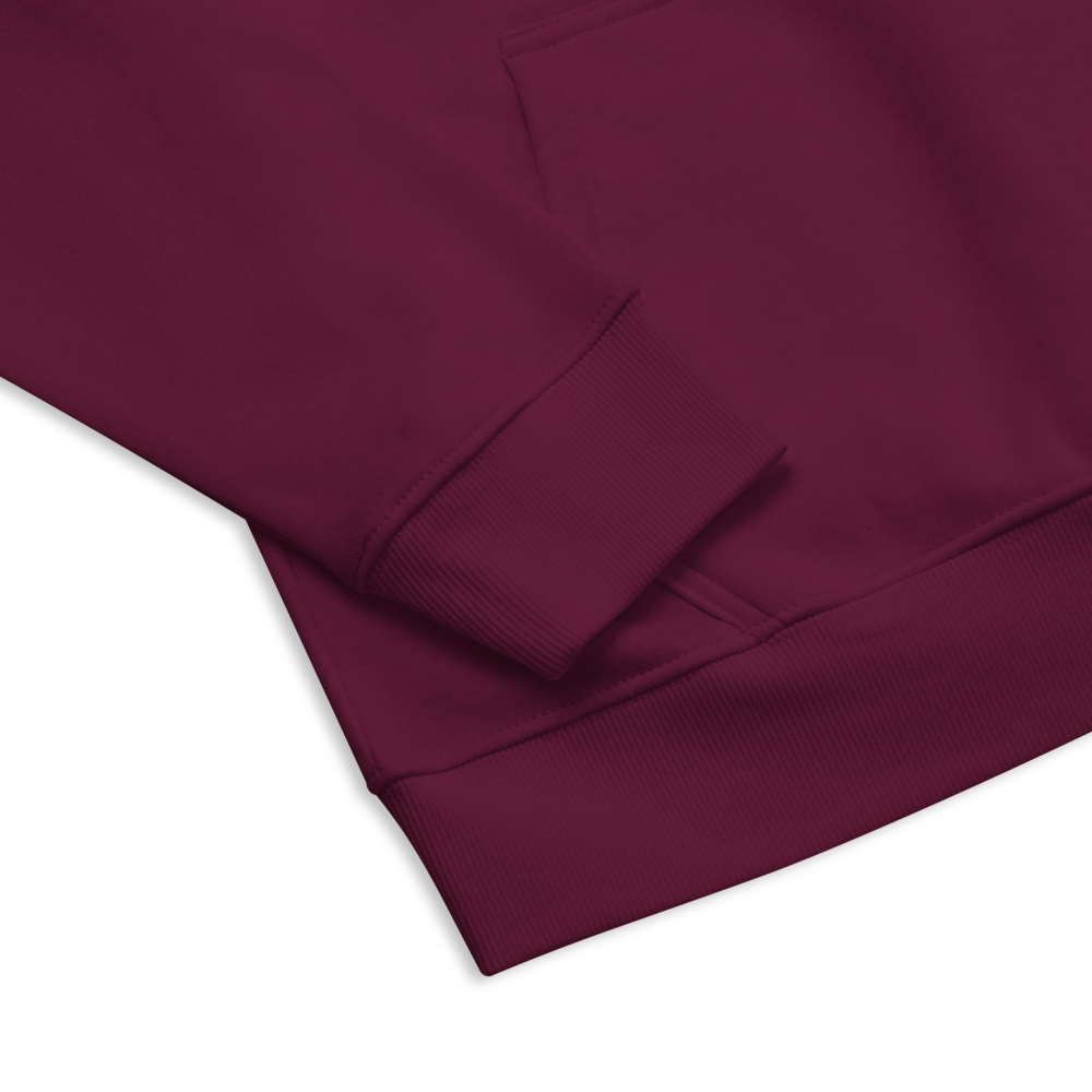 Unisex eco raglan hoodie burgundy with printed handpainted artwork product details
