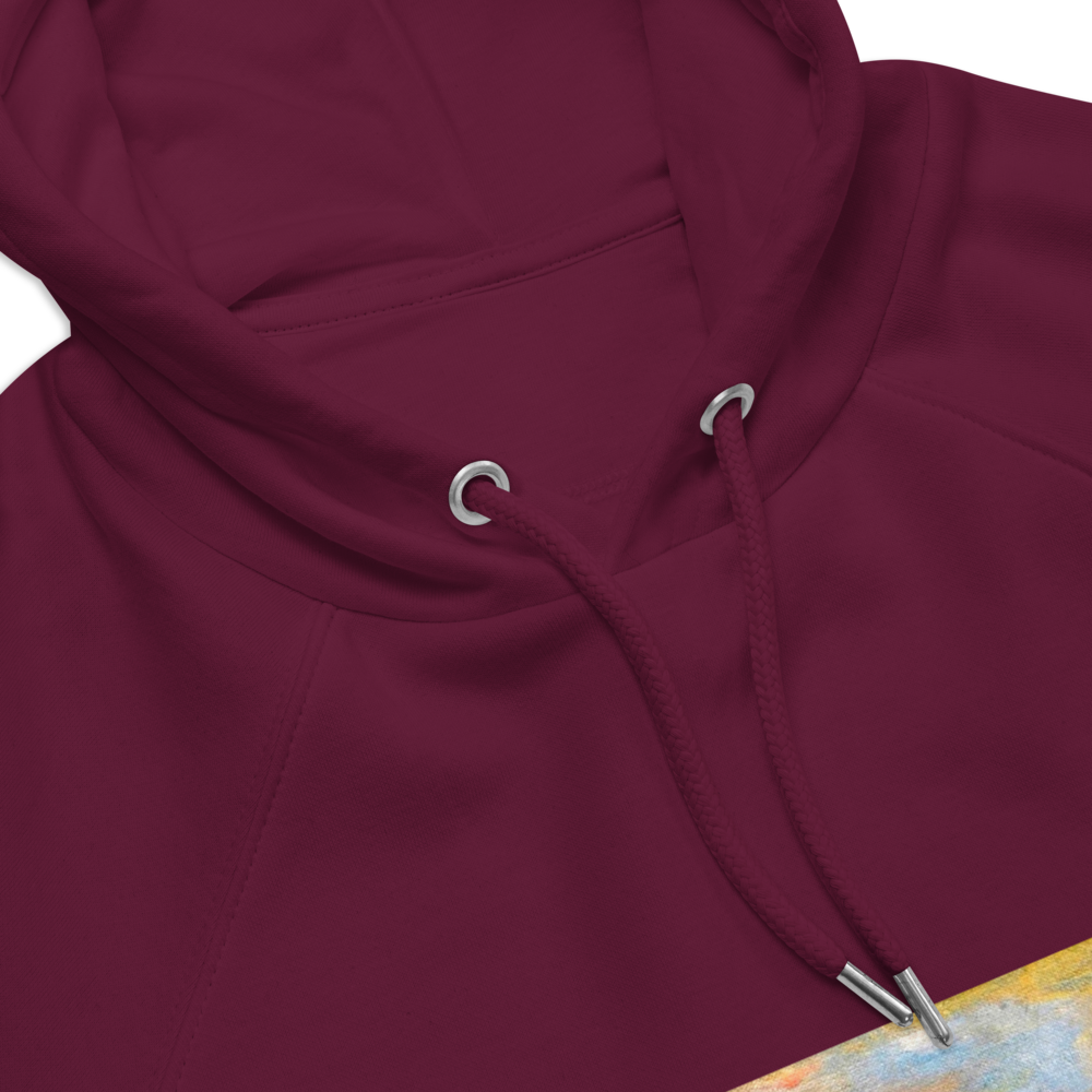 Unisex eco raglan hoodie burgundy with printed handpainted artwork product details
