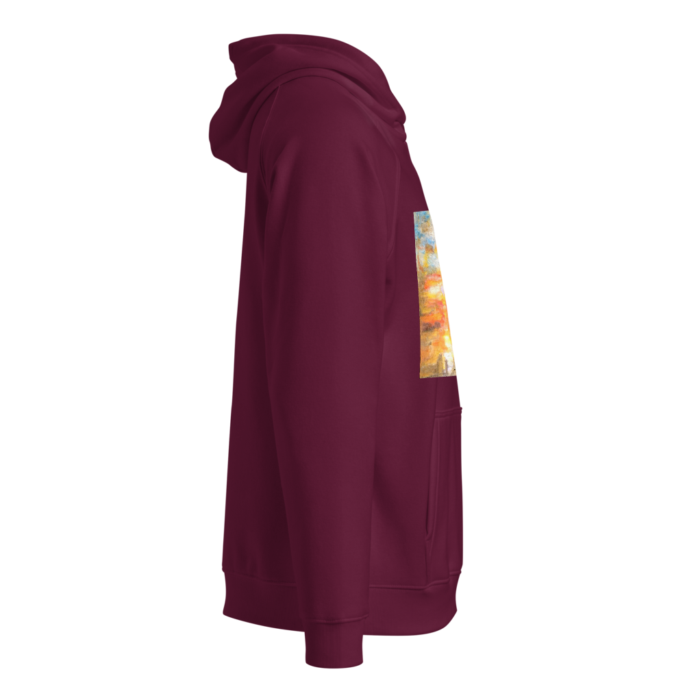 Unisex eco raglan hoodie burgundy with printed handpainted artwork right side view
