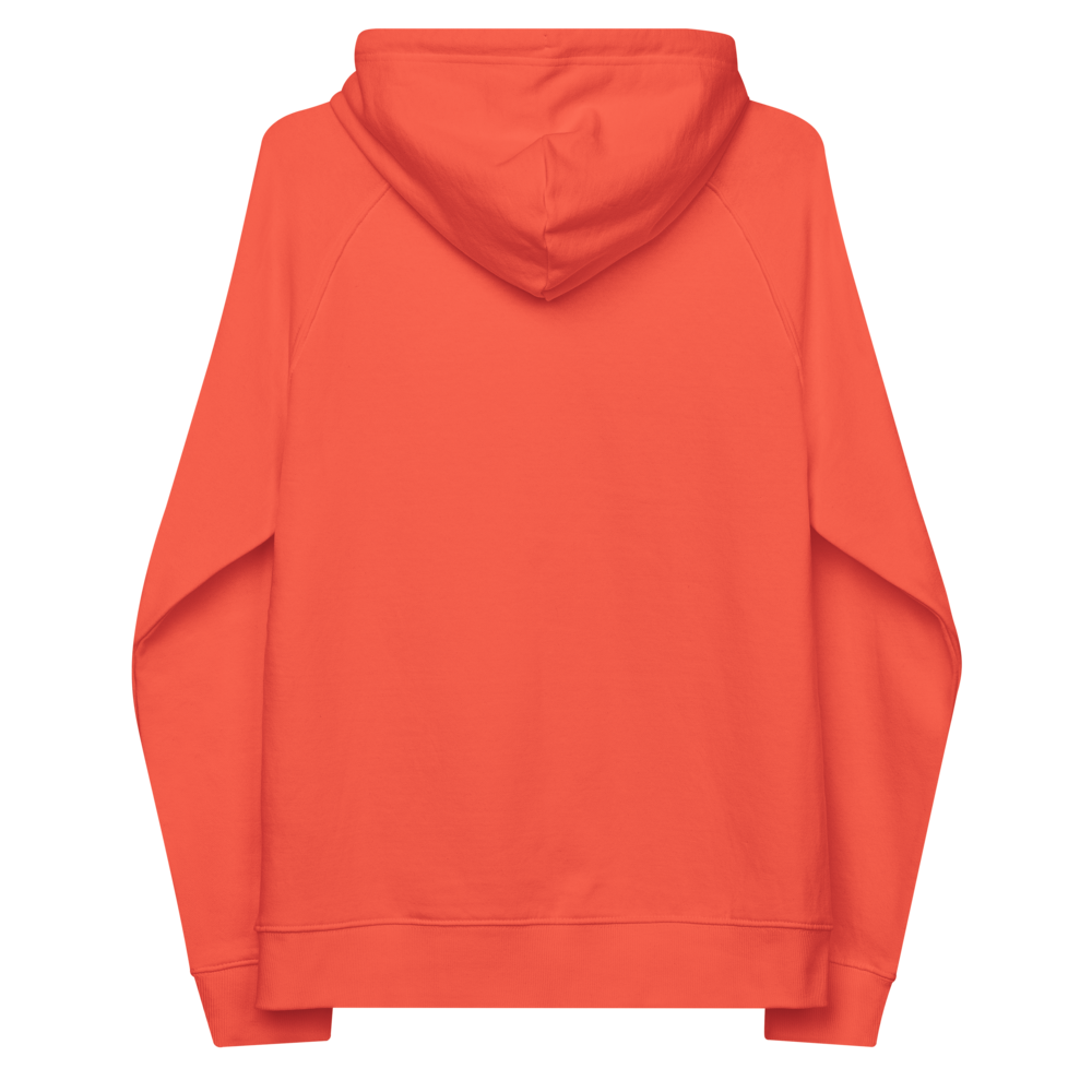 Unisex eco raglan hoodie burnt orange with printed handpainted artwork back view
