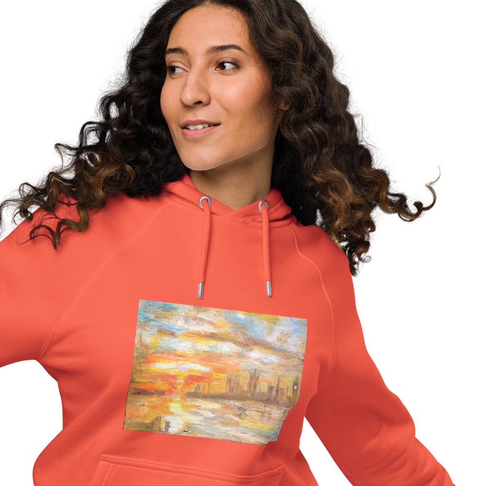Unisex eco raglan hoodie burnt orange with printed handpainted artwork front view
