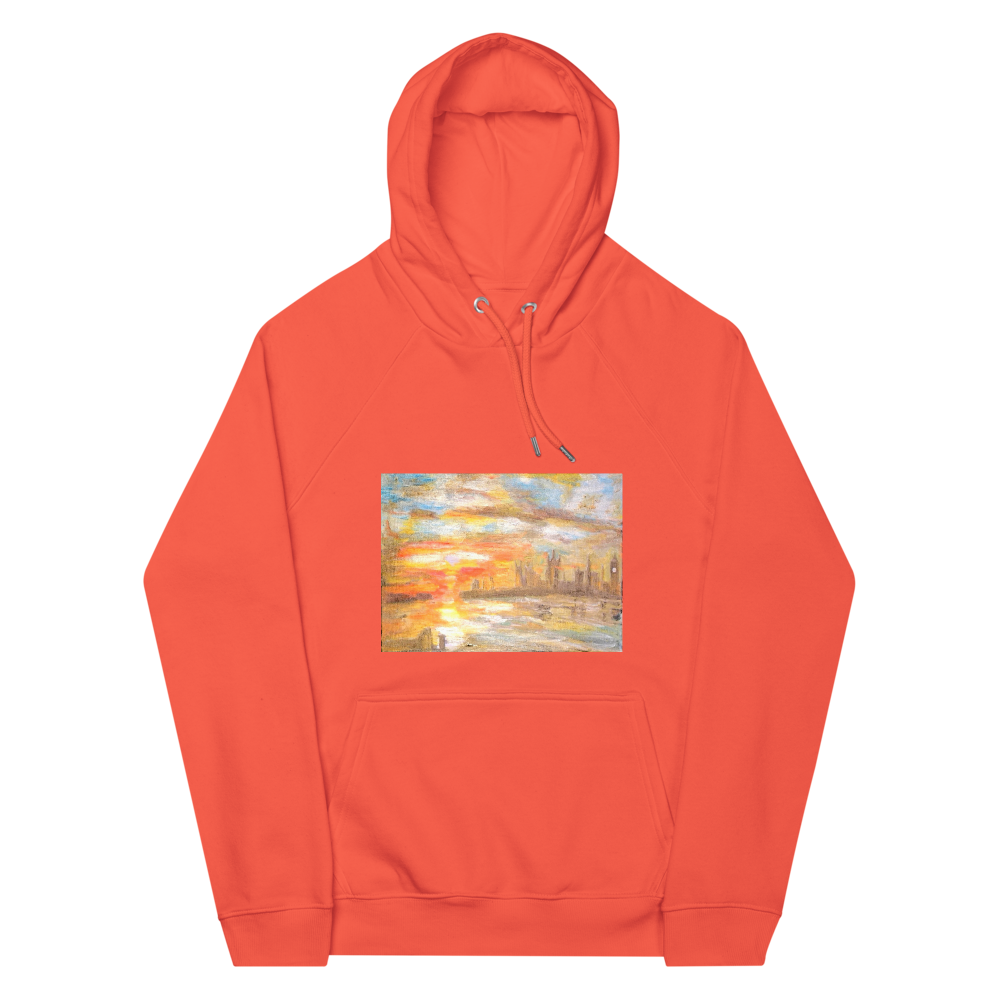 Unisex eco raglan hoodie burnt orange with printed handpainted artwork front view
