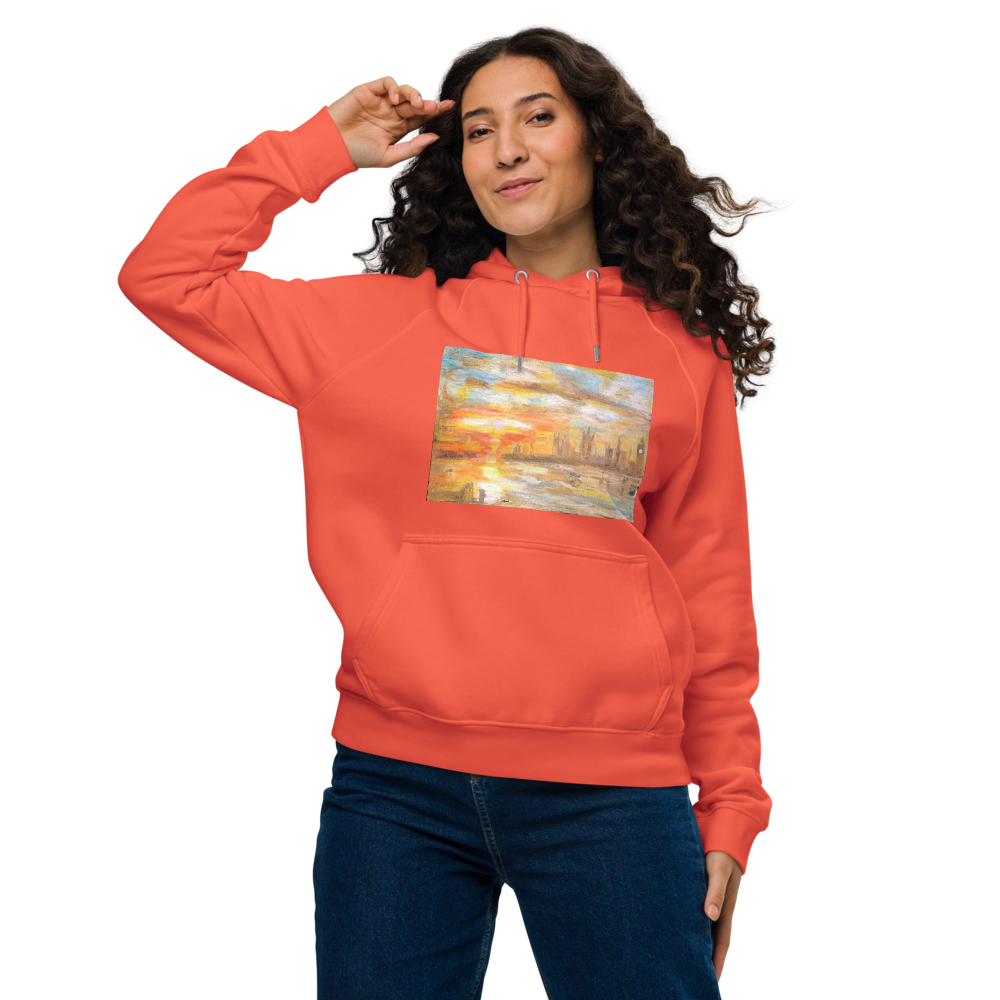 Unisex eco raglan hoodie burnt orange with printed handpainted artwork front view
