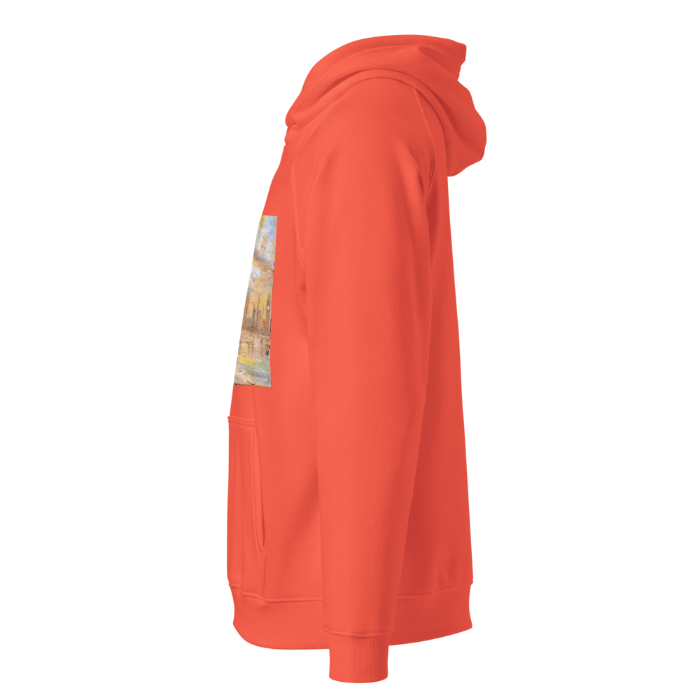 Unisex eco raglan hoodie burnt orange with printed handpainted artwork left side view
