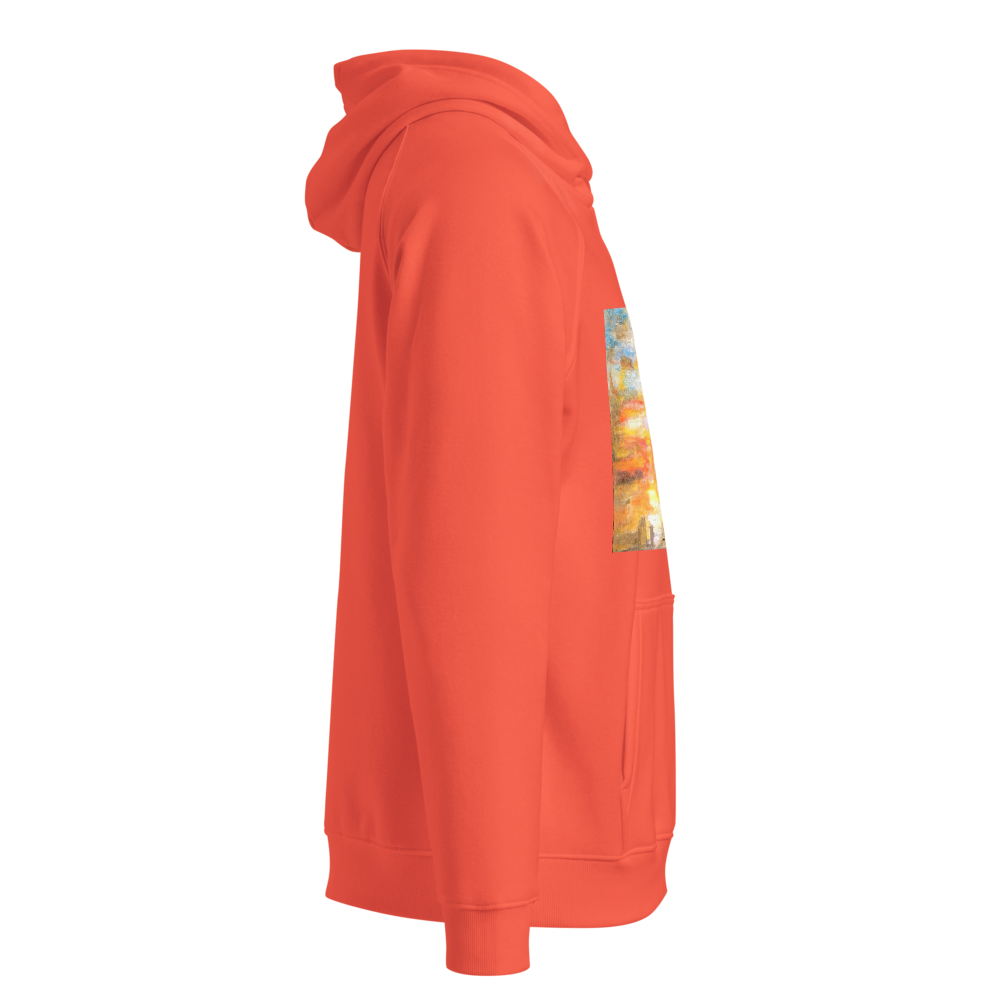 Unisex eco raglan hoodie burnt orange with printed handpainted artwork right side view
