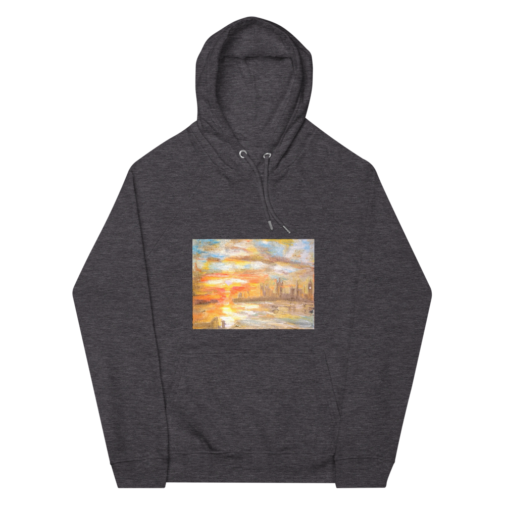 Unisex eco raglan hoodie charcoal melange with printed handpainted artwork front view
