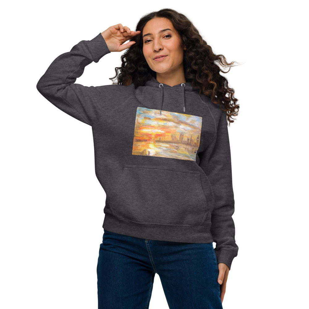 Unisex eco raglan hoodie charcoal melange with printed handpainted artwork front view
