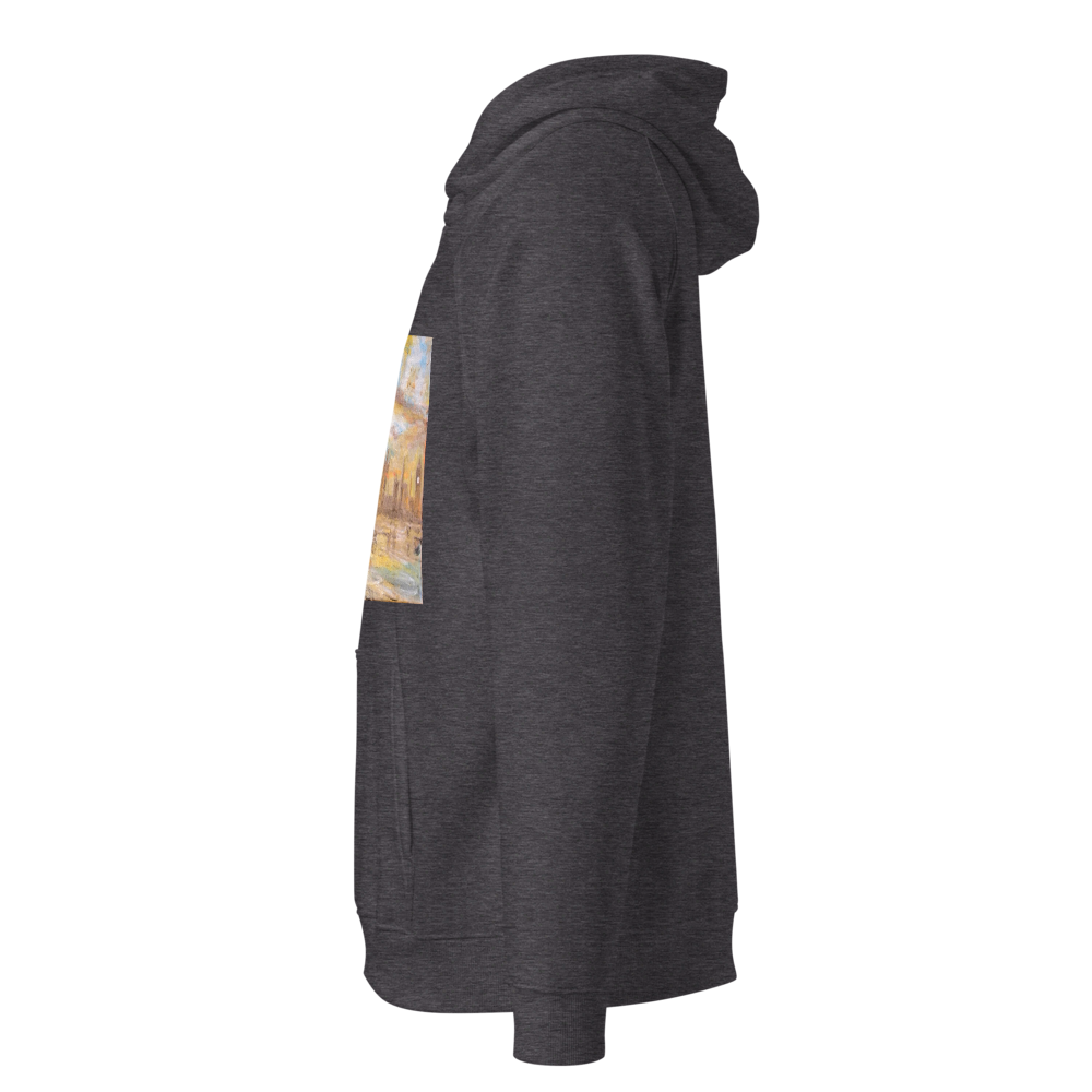 Unisex eco raglan hoodie charcoal melange with printed handpainted artwork left side view
