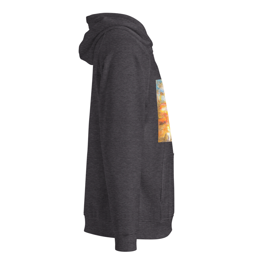 Unisex eco raglan hoodie charcoal melange with printed handpainted artwork right side view
