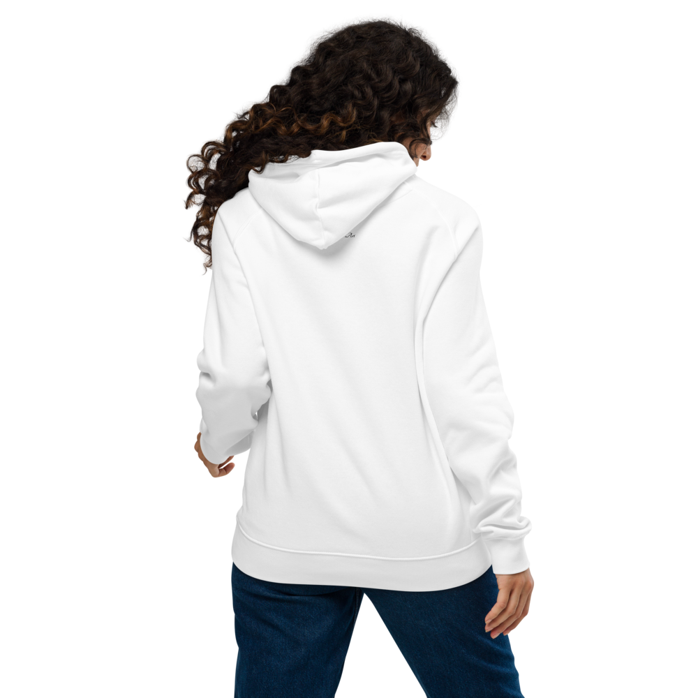 Unisex eco raglan hoodie white with printed handpainted artwork back view

