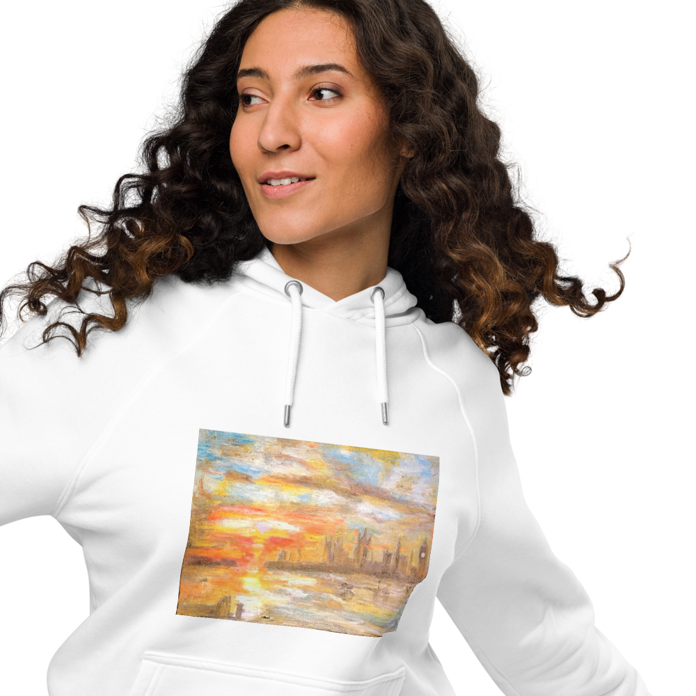 Unisex eco raglan hoodie white with printed handpainted artwork front view
