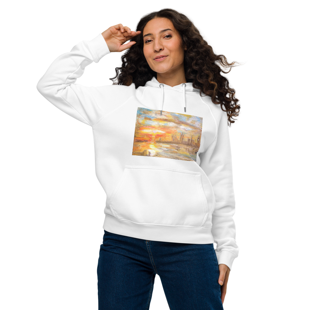 Unisex eco raglan hoodie white with printed handpainted artwork front view
