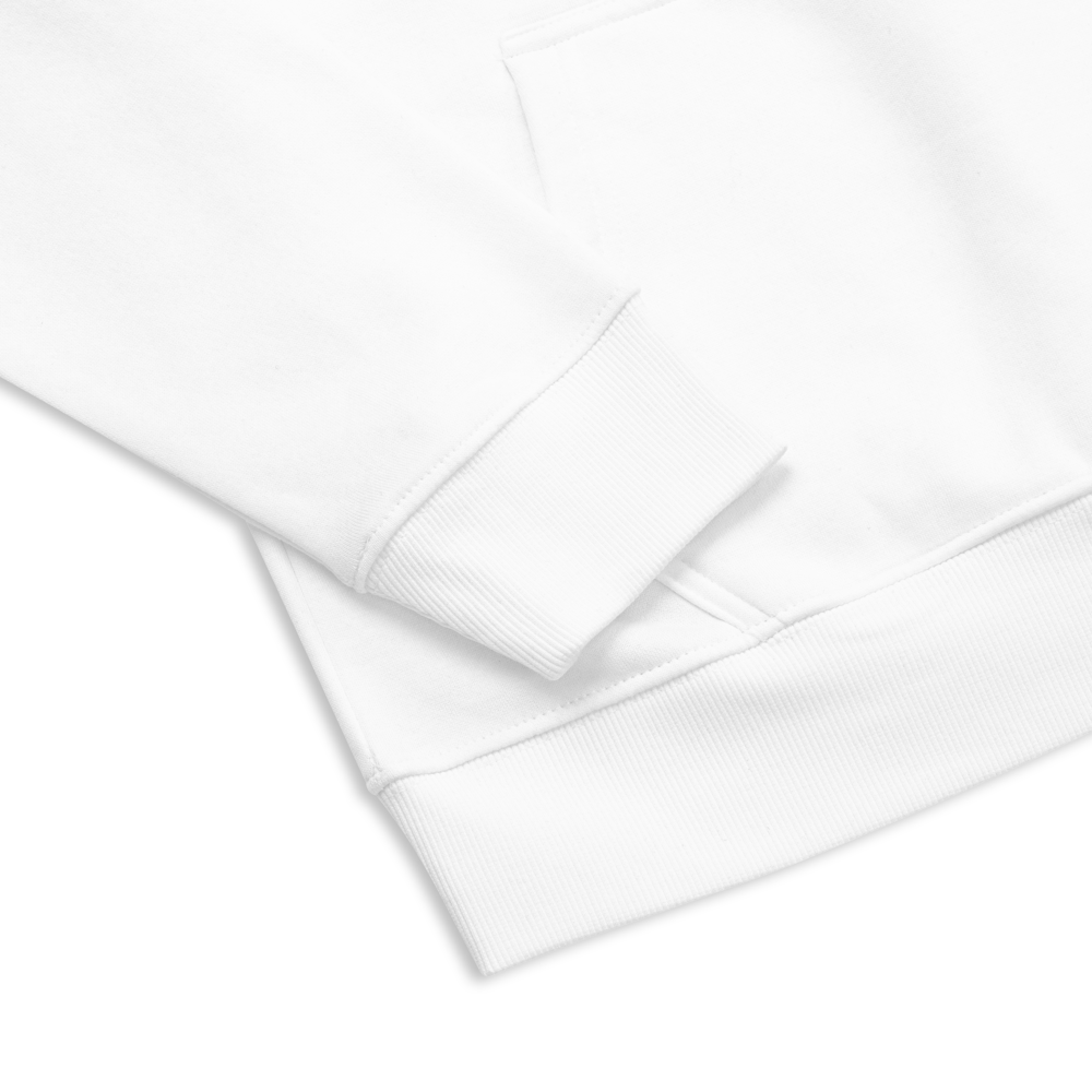 Unisex eco raglan hoodie white with printed handpainted artwork product details
