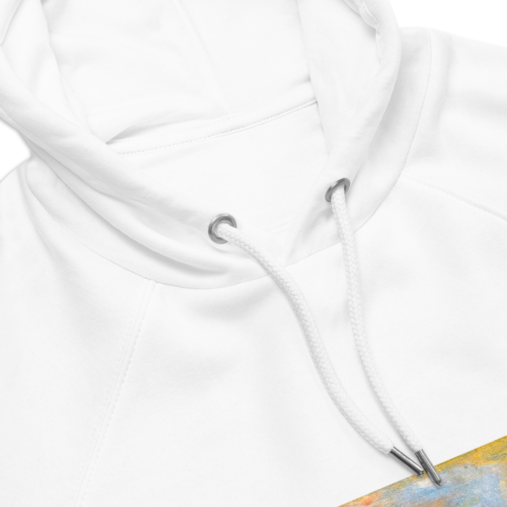 Unisex eco raglan hoodie white with printed handpainted artwork product details
