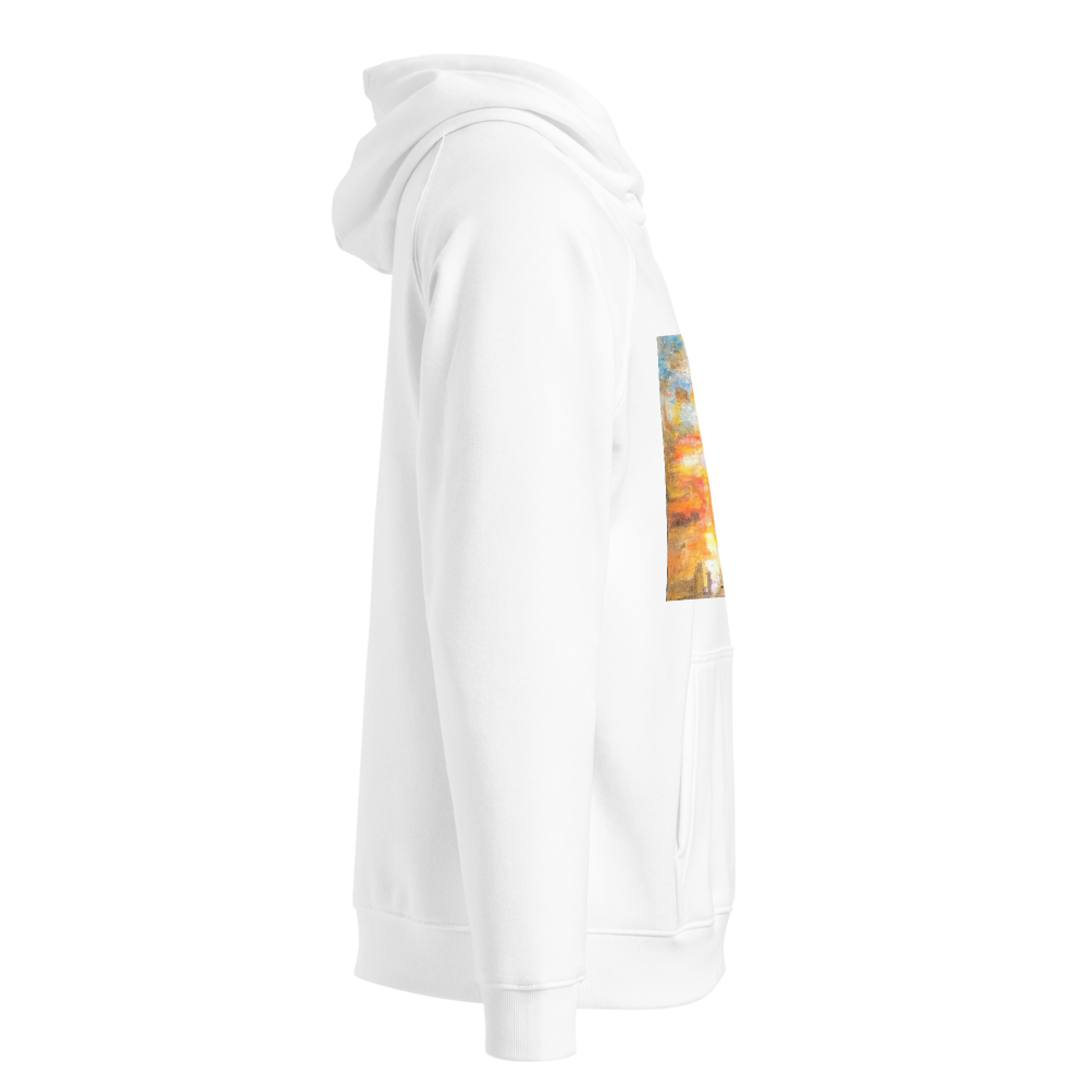 Unisex eco raglan hoodie white with printed handpainted artwork right side view
