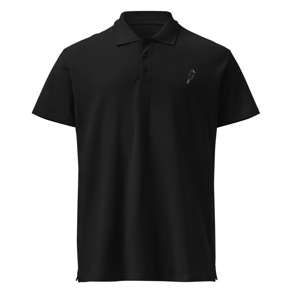 Unisex premium pique polo shirt in black with printed handpainted artwork - front close-up
