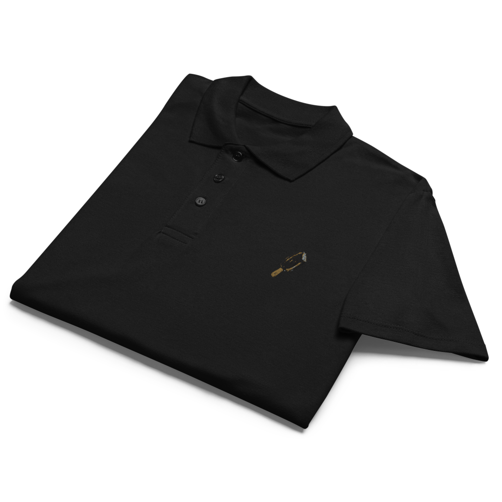 Unisex premium pique polo shirt in black with printed handpainted artwork - front view
