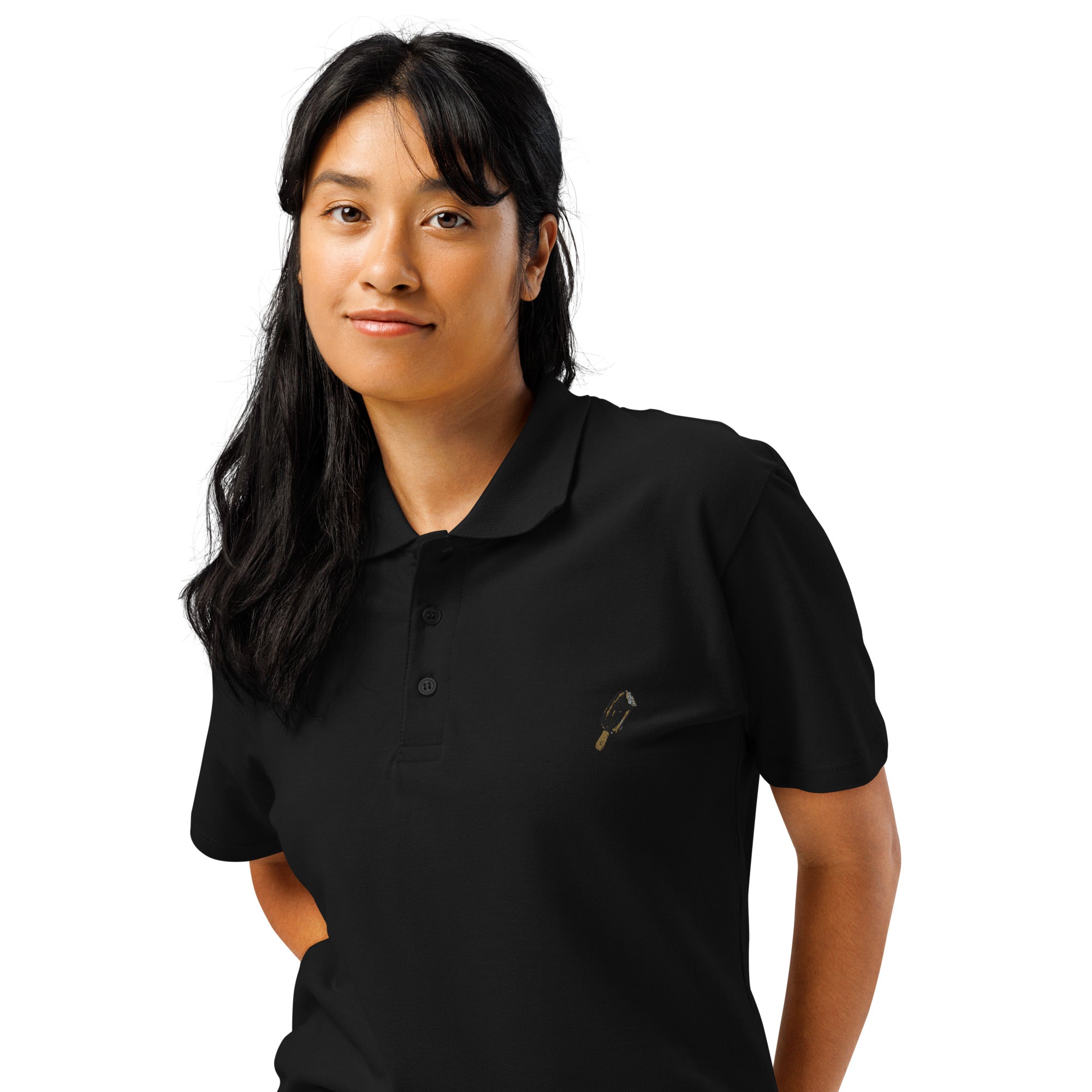 Unisex premium pique polo shirt in black with printed handpainted artwork - left front view

