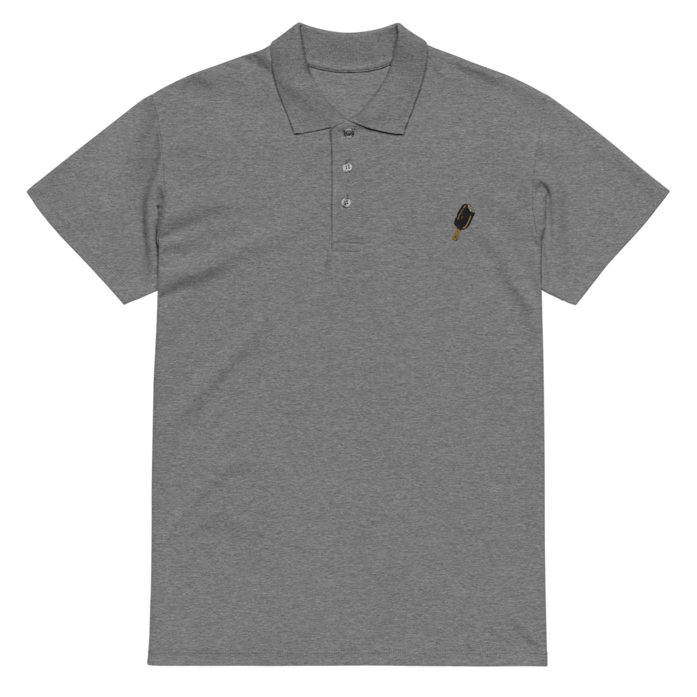 Unisex premium pique polo shirt in grey melange with printed handpainted artwork - front close-up
