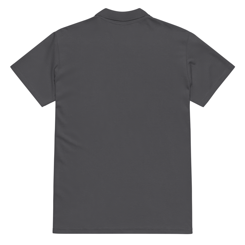 Unisex premium pique polo shirt in mouse grey with printed handpainted artwork - back view
