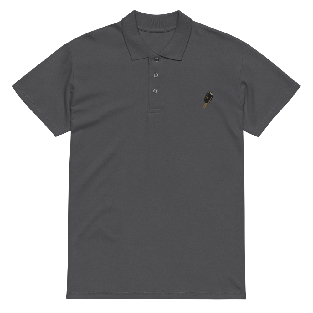 Unisex premium pique polo shirt in mouse grey with printed handpainted artwork - front close-up
