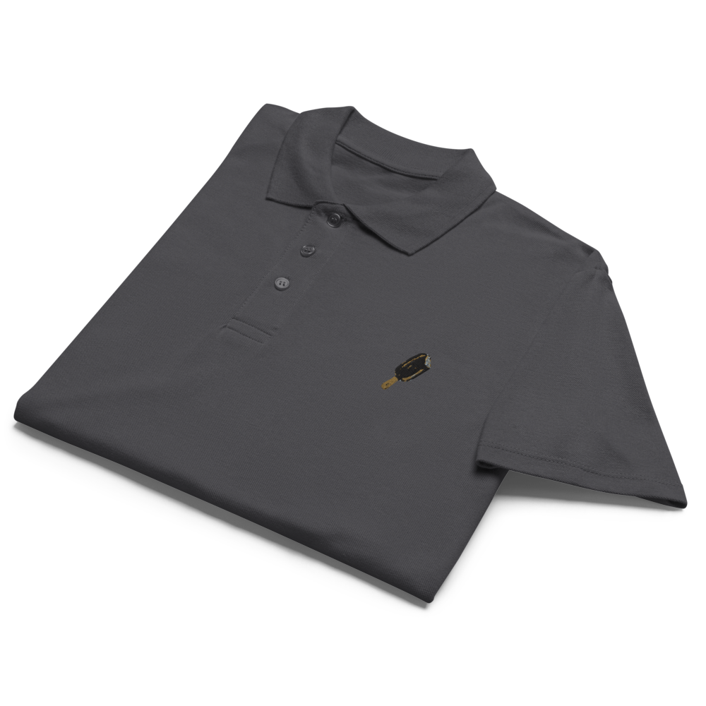 Unisex premium pique polo shirt in mouse grey with printed handpainted artwork - front view

