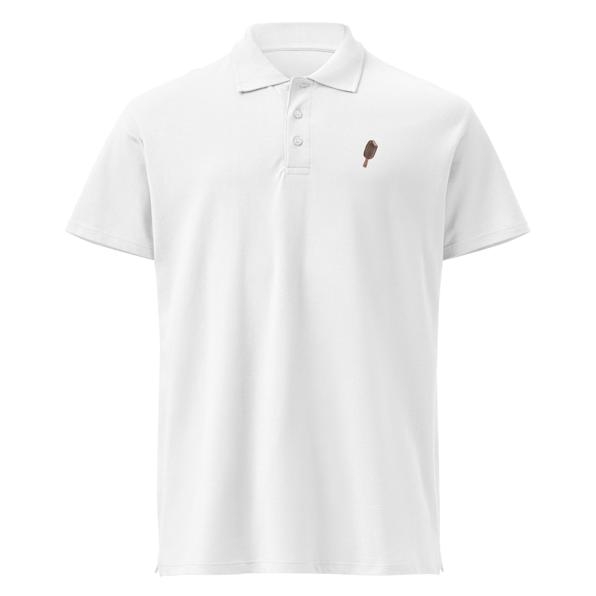 White premium pique polo shirt with printed handpainted artwork front detail
